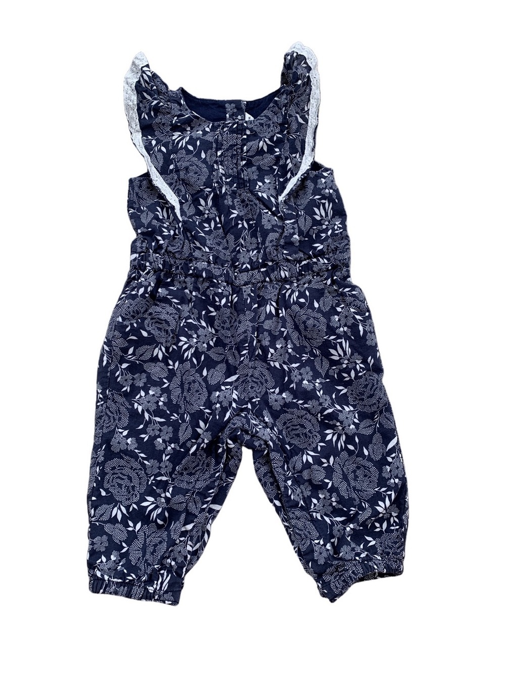 Janie and Jack Size 6-12 Months Blue and White Floral Ruffle Jumpsuit Romper